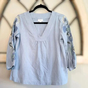 J Jill Top Size Large Blue White Striped Cotton Knit Embroidered Sleeves Sz PXS